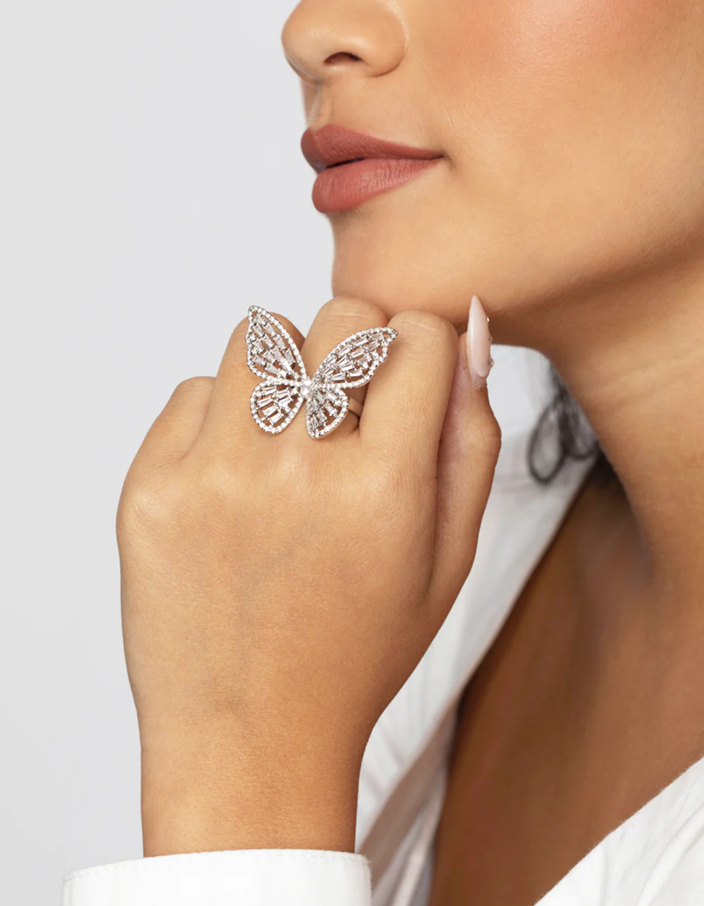Rhodium Cubic Zirconia Butterfly Statement Ring - Image 2