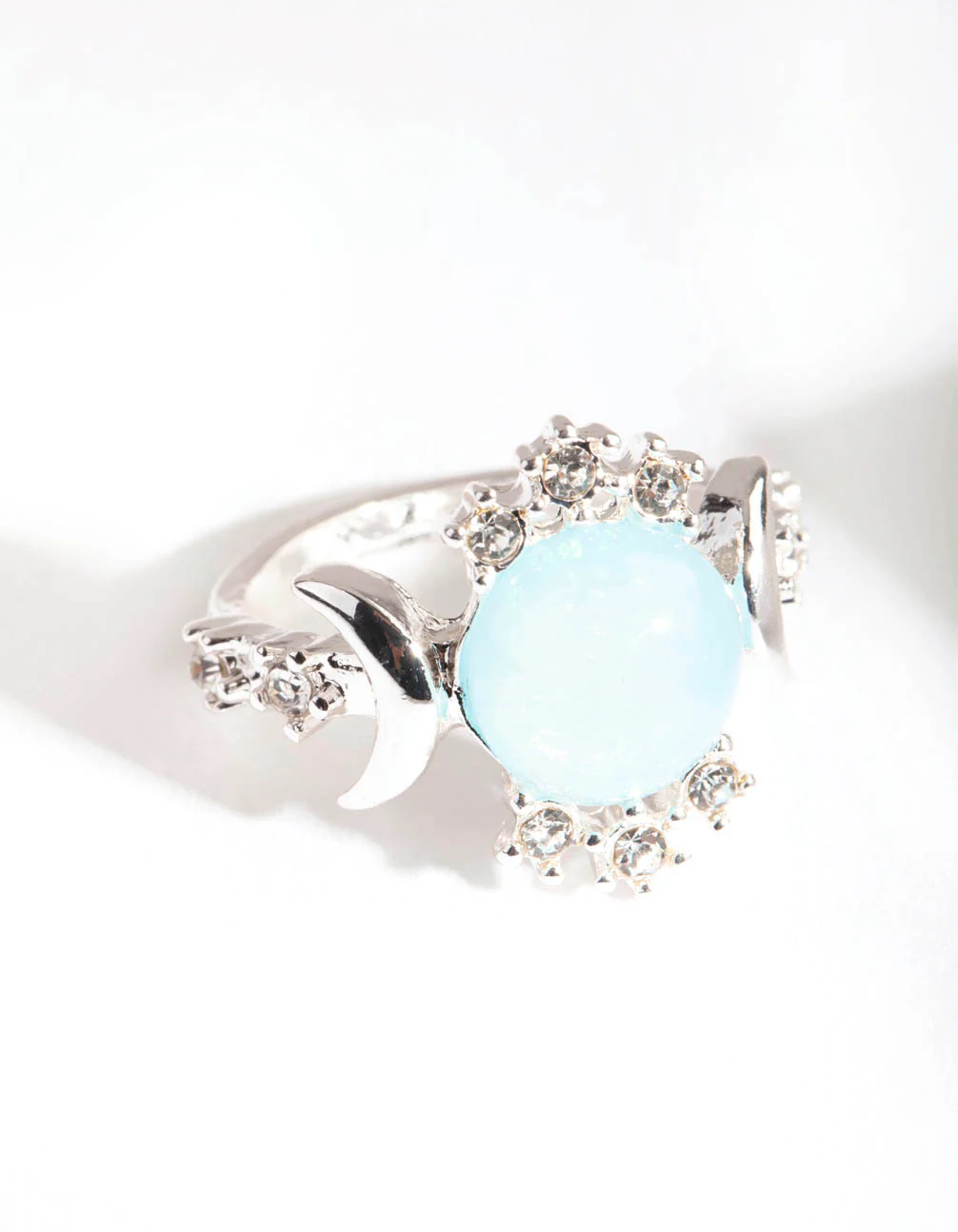 Silver Vanilla Synthetic Opal Moon Diamante Ring - Image 3