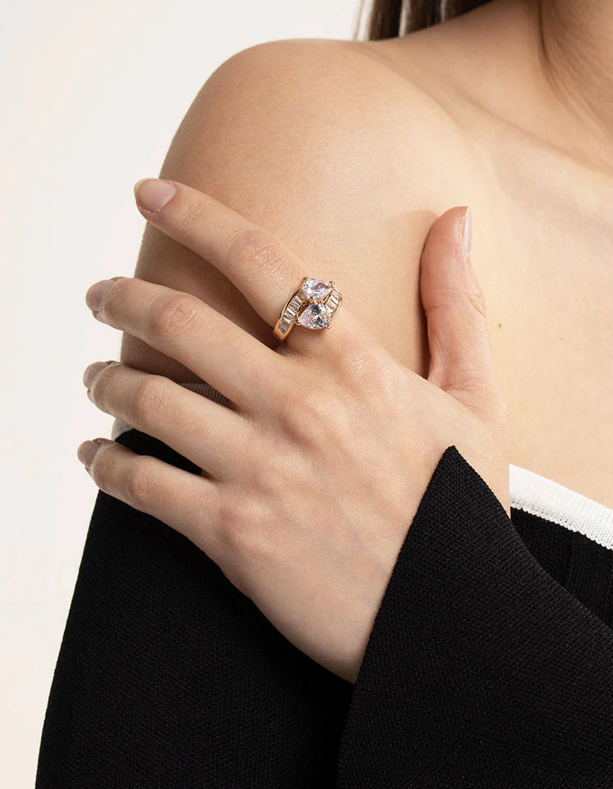 Gold Cubic Zirconia Pear Crossover Ring - Image 2