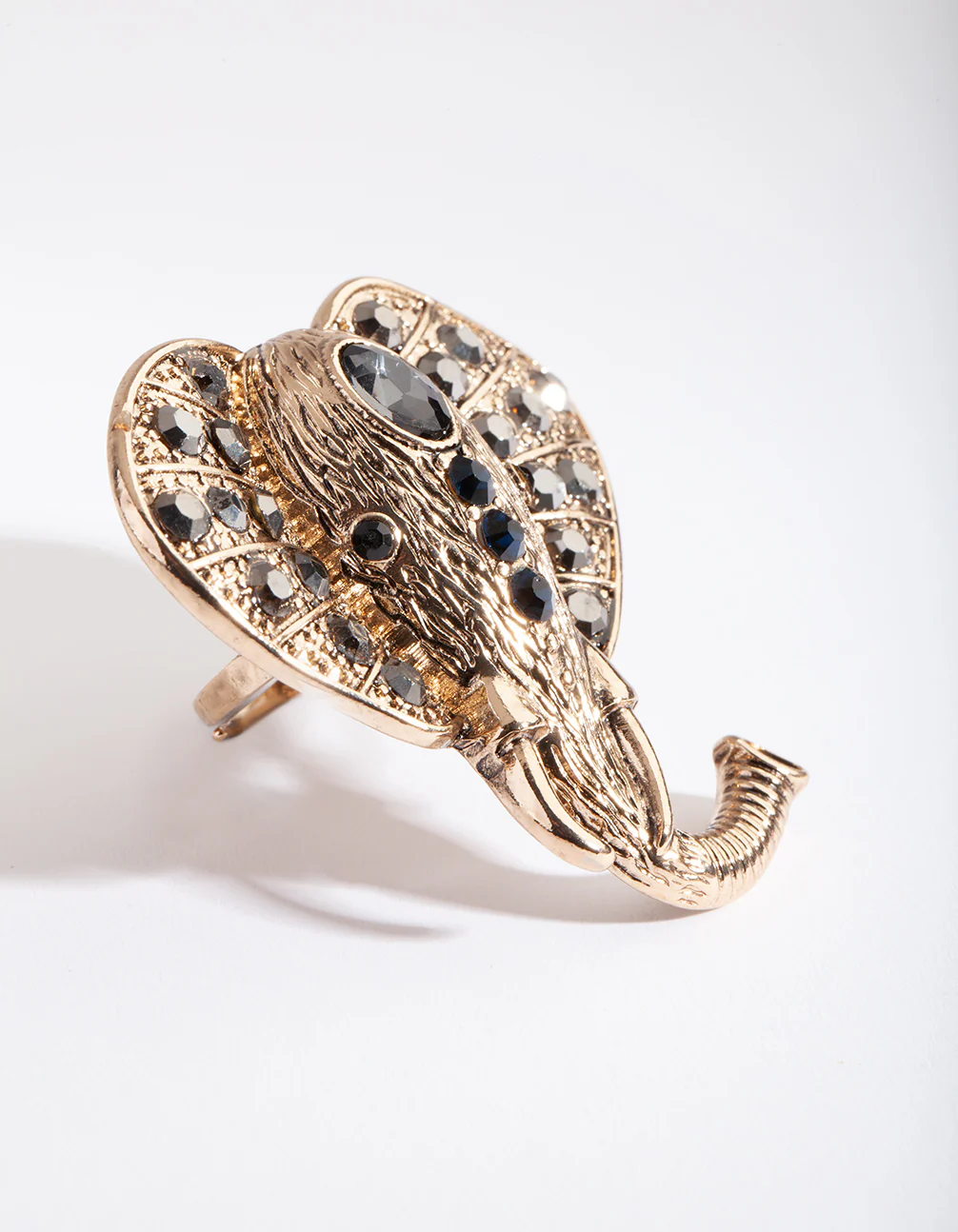 Gold Black Diamante Elephant Ring - Image 2