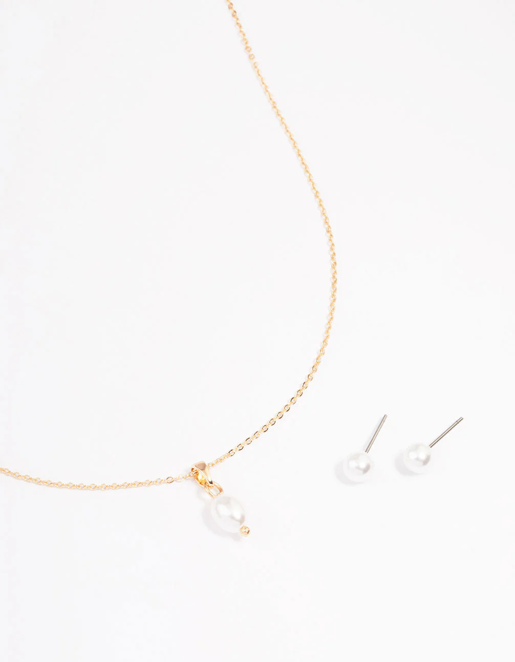 Gold Pearl Stud Earring & Necklace Set - Image 2