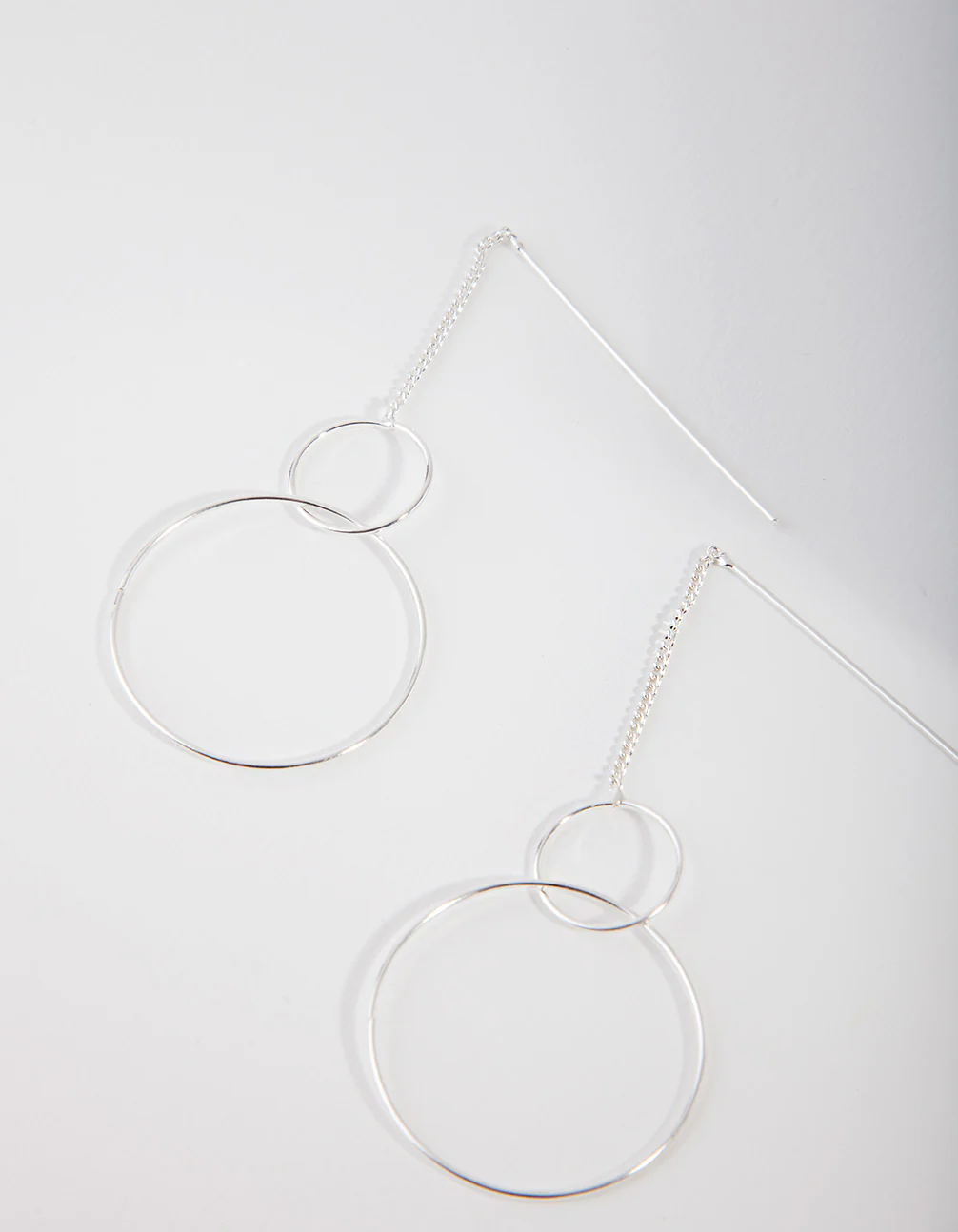 Silver Fine Double Circle Drop Earrings - Image 2