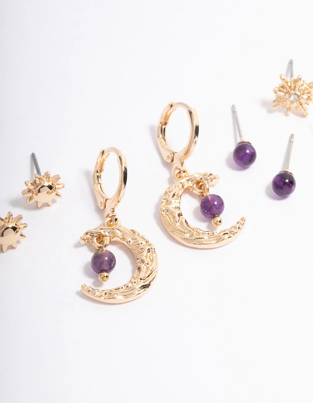 Gold Amethyst Mixed Star & Moon Stacker Earrings - Image 2