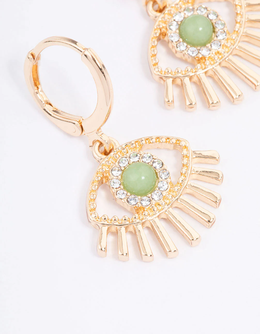 Gold Green Aventurine Diamante Eye Huggie Earrings - Image 2
