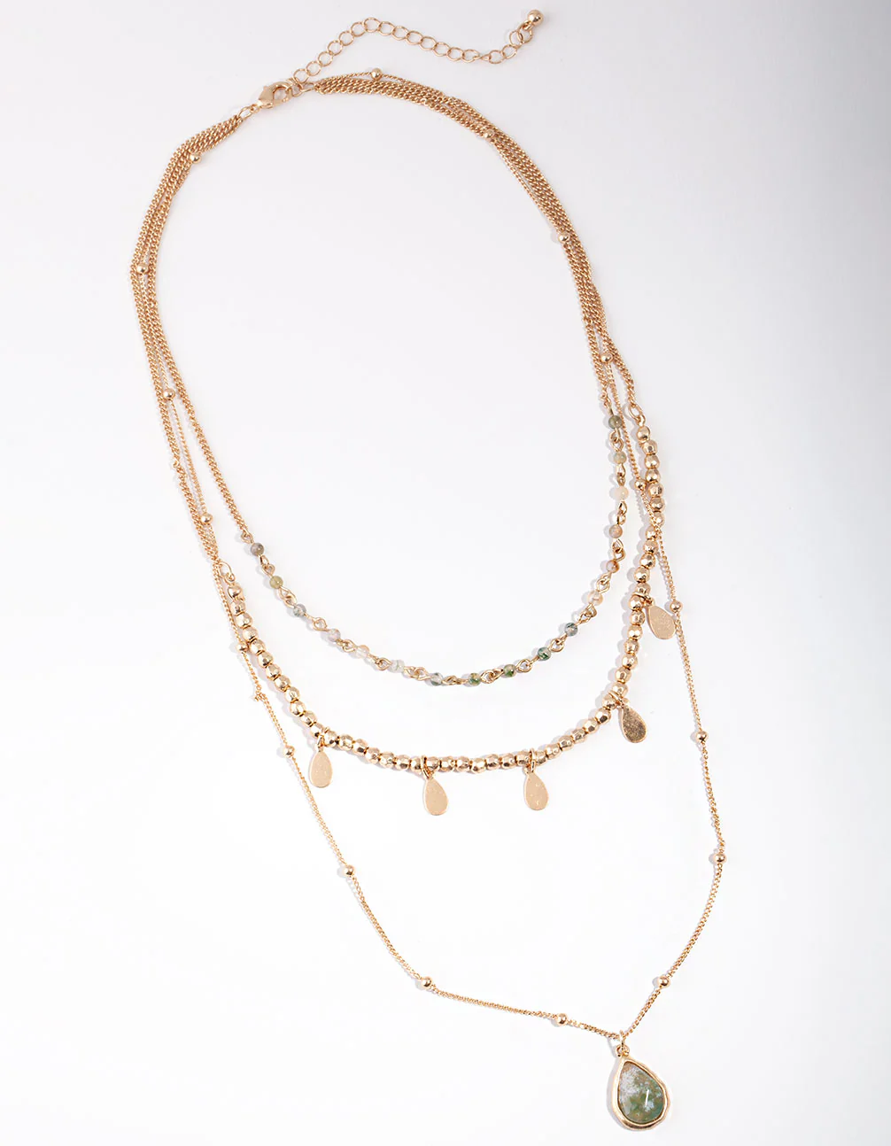 Gold Green Stone Mix Bead 3 Layer Necklace - Image 2