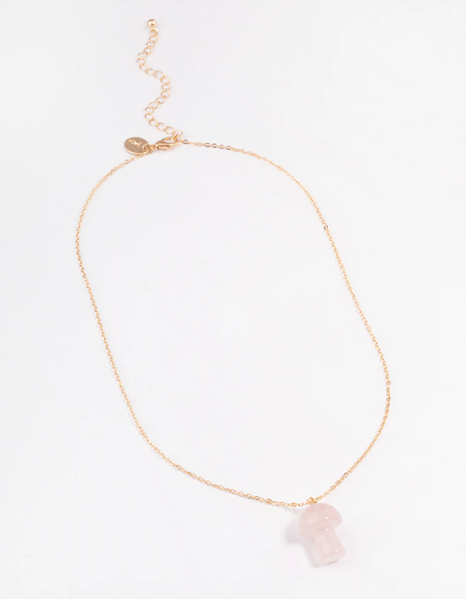 Gold Rose Quartz Moon & Mushroom Pendant Necklace - Image 2