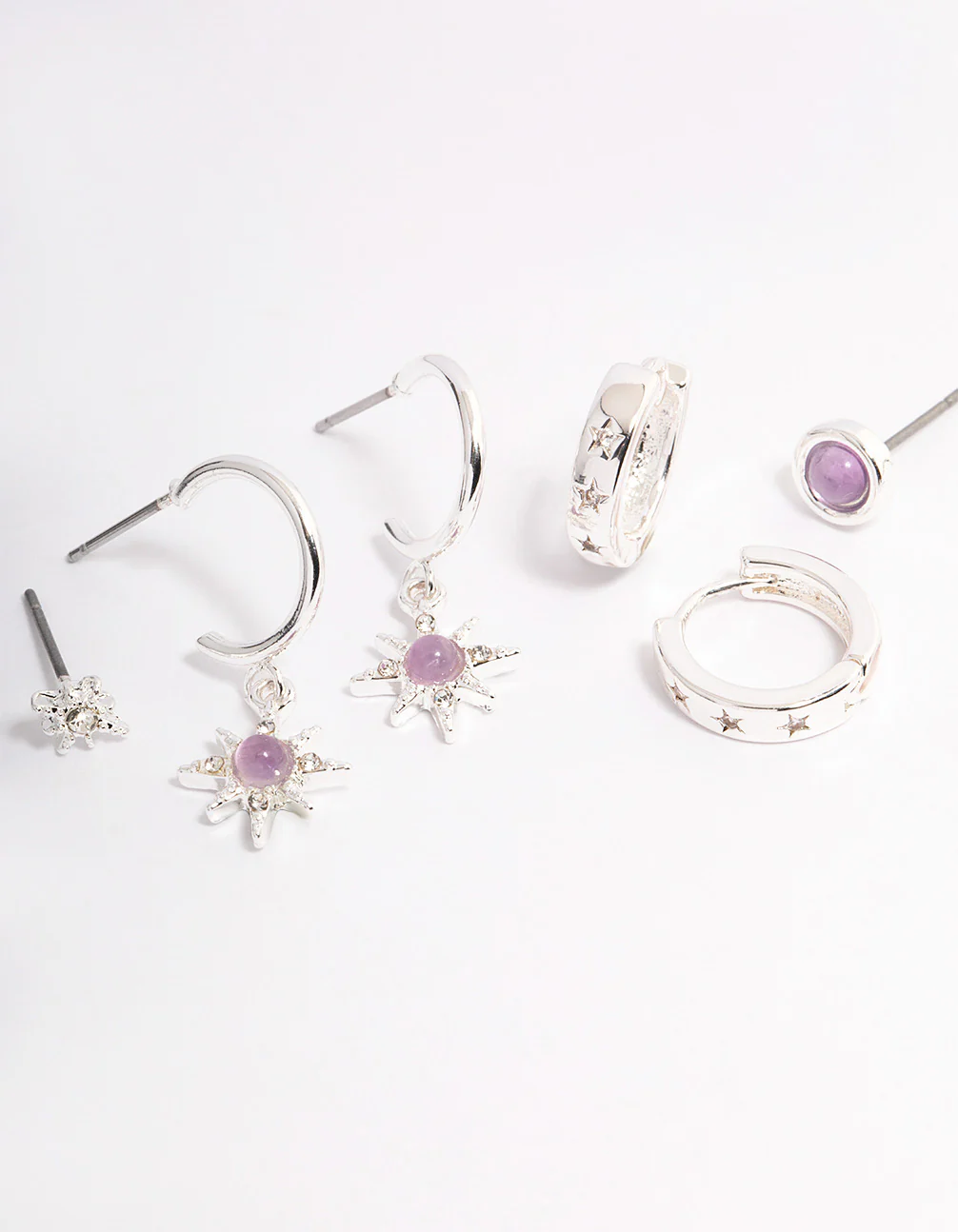 Silver Amethyst Starburst Stacker Earrings - Image 2