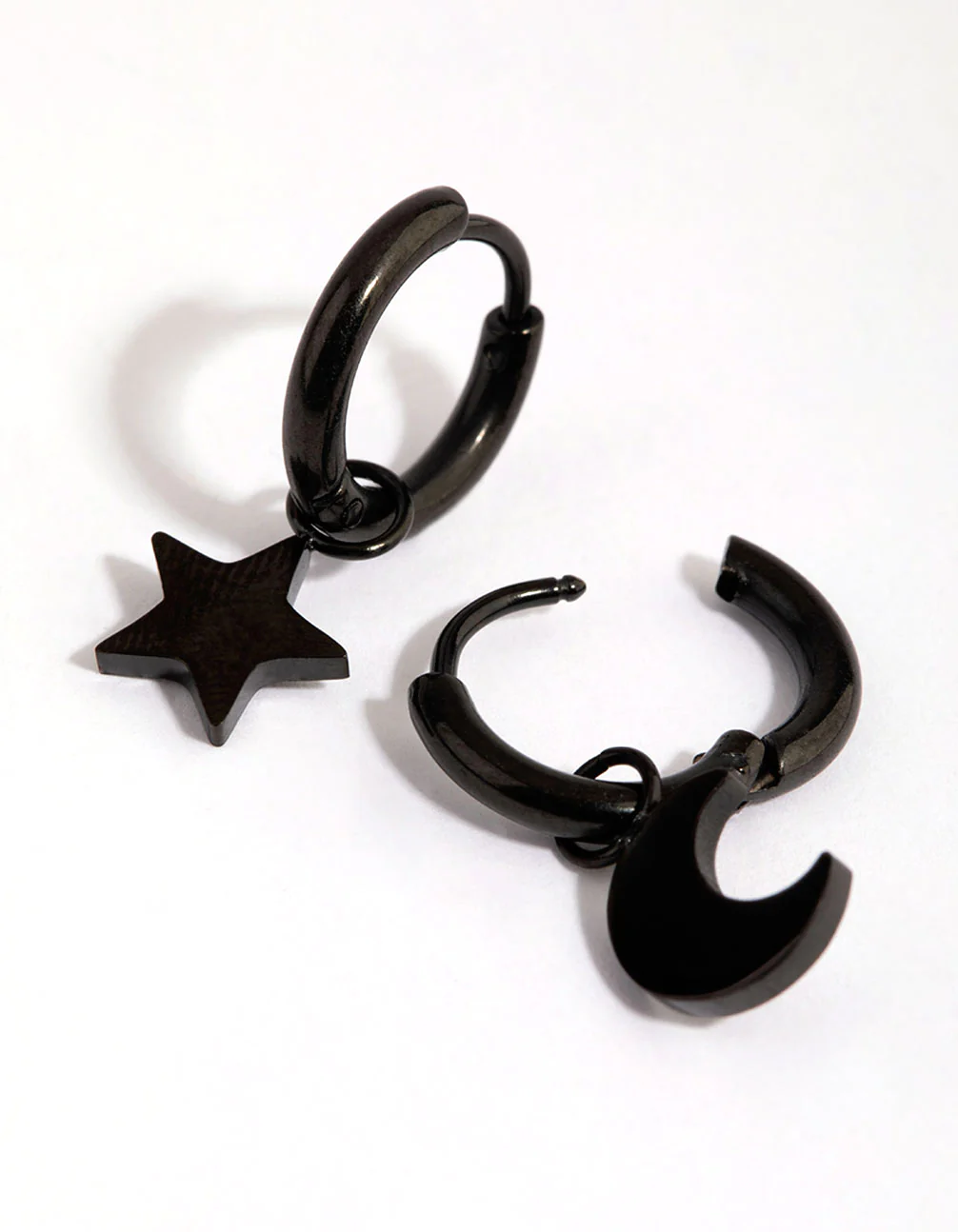 Matte Black Surgical Steel Celestial Huggie Earrings - Image 2