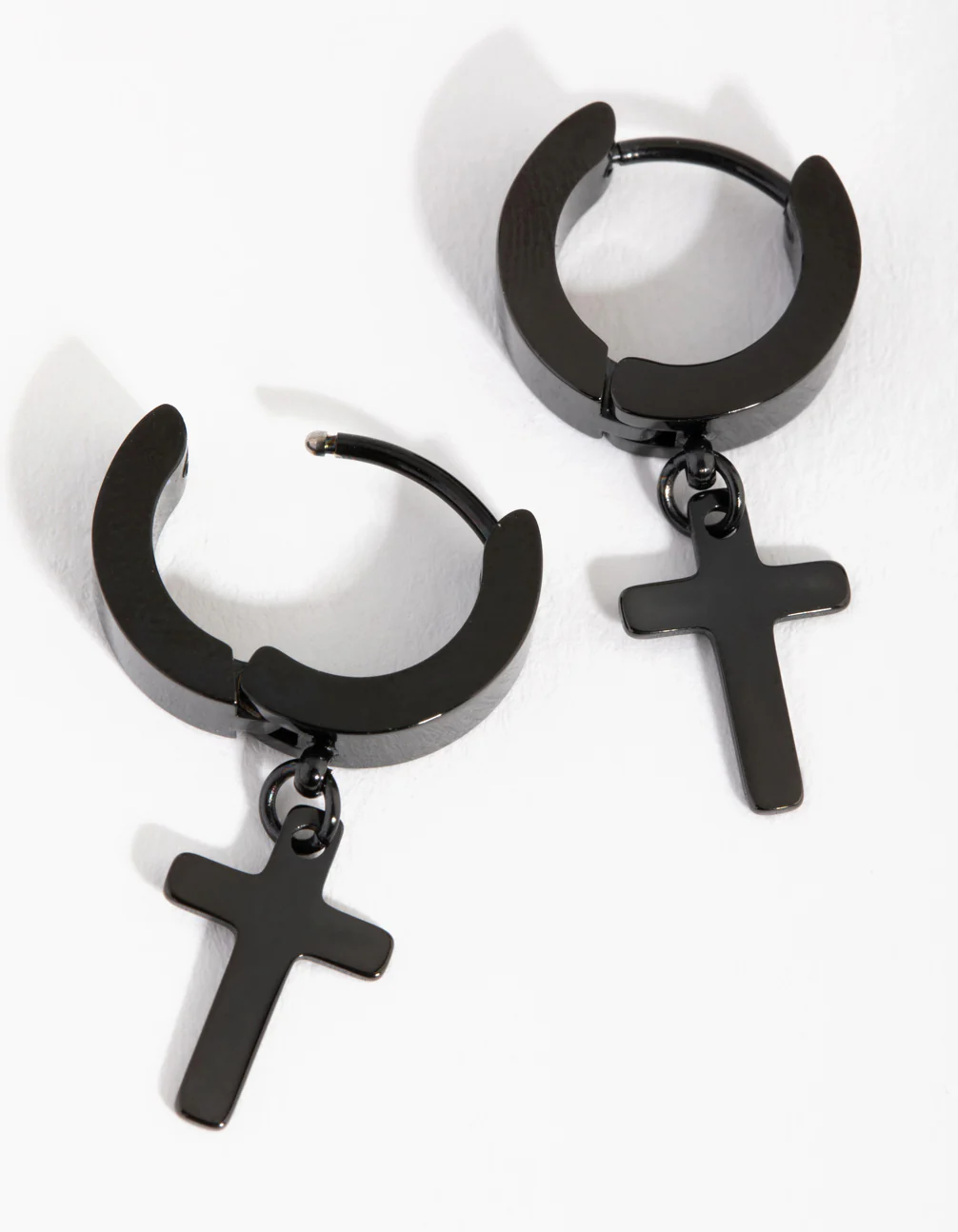 Black Coated Metal Surgical Steel Cross Huggie Earrings - Image 2