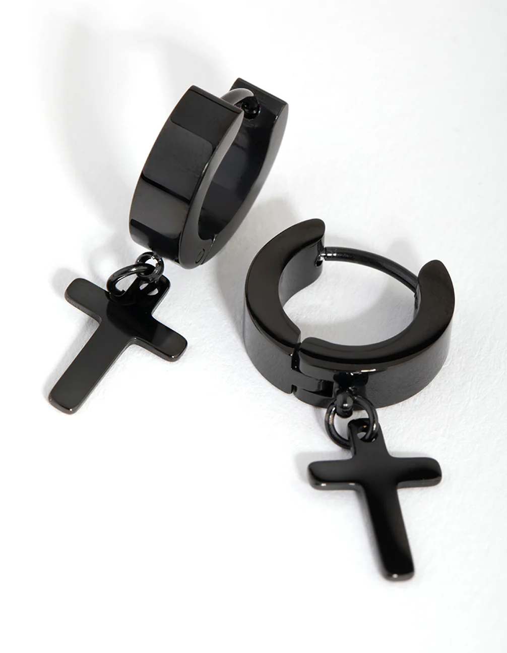 Black Coated Metal Surgical Steel Cross Huggie Earrings - Image 4