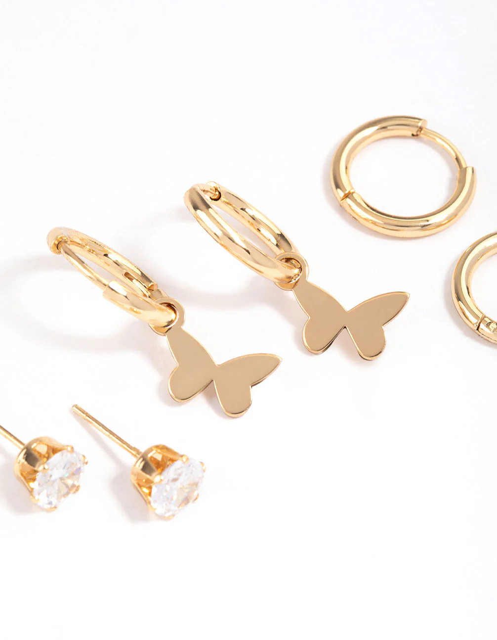 Gold Plated Surgical Steel Cubic Zirconia Butterfly Charm Earrings Pack - Image 2