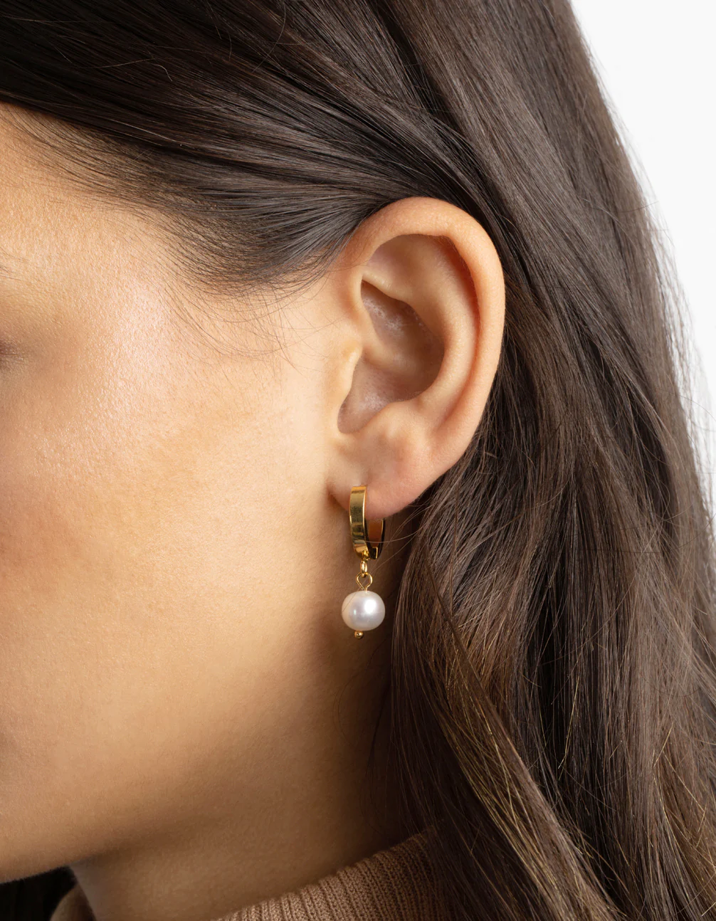 Gold Plated Surgical Steel Pearl Huggie Hoop Earrings - Image 2