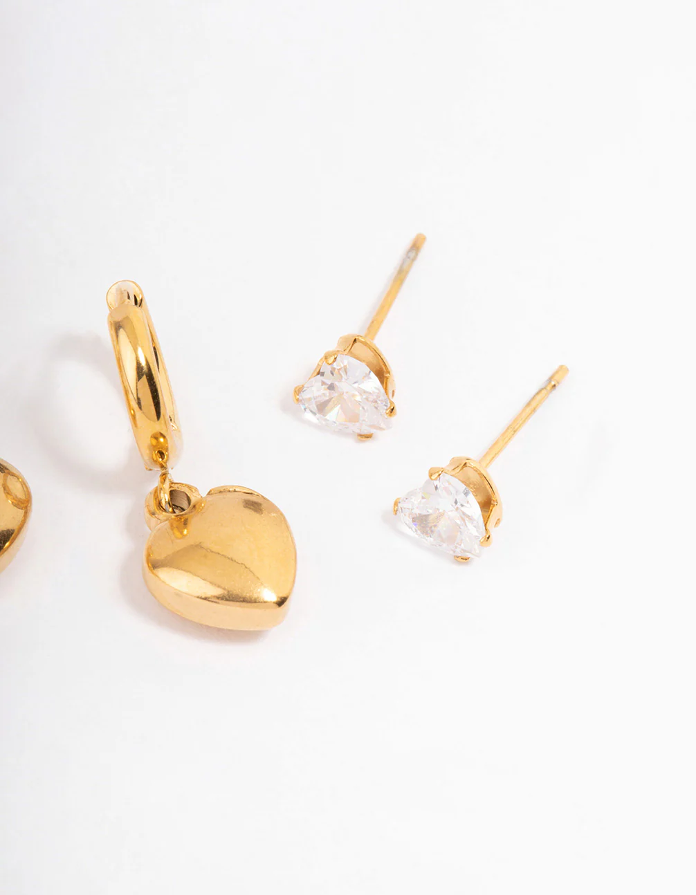 Waterproof Gold Plated Stainless Steel Cubic Zirconia & Huggie Heart Earrings Pack - Image 3