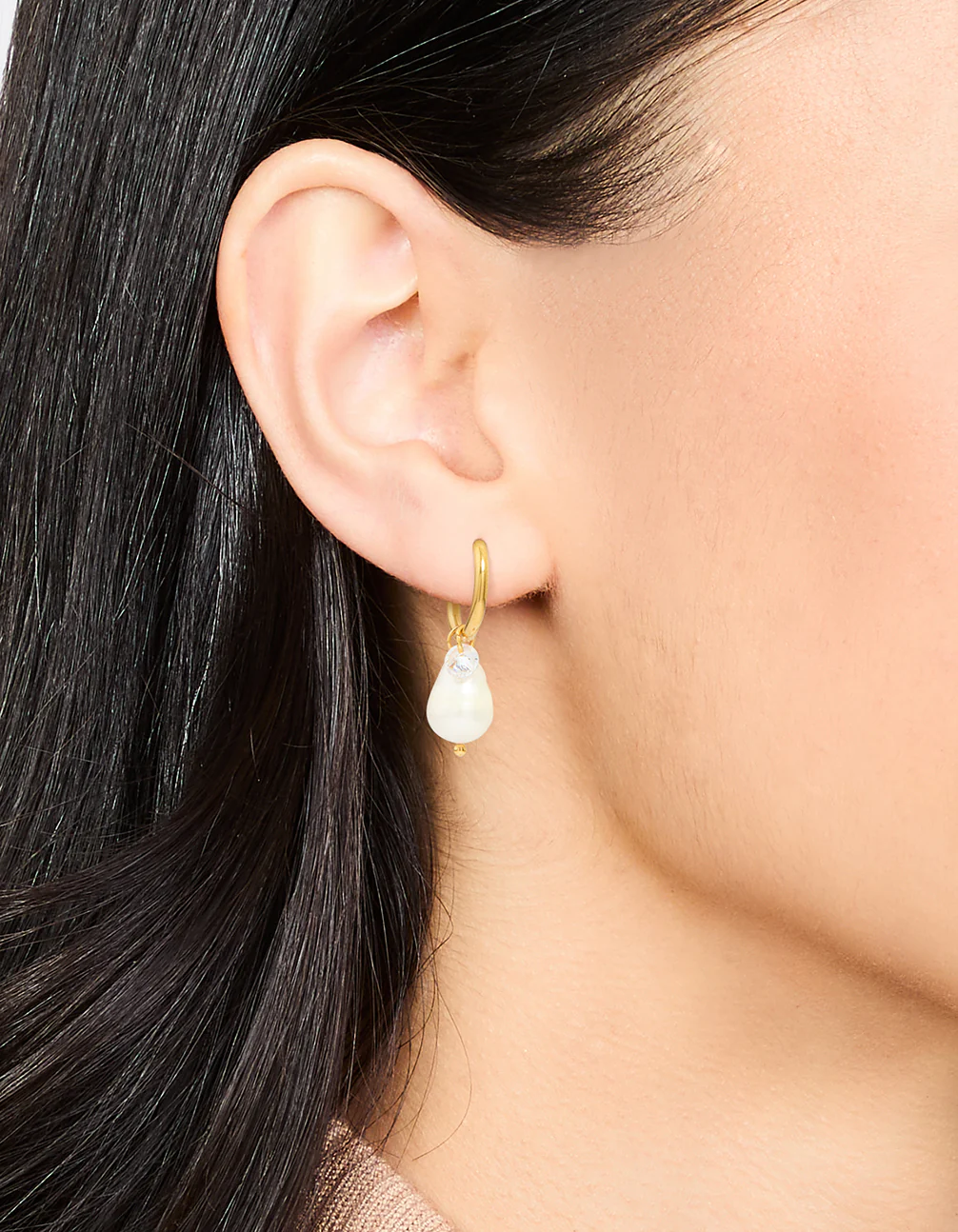Waterproof Gold Plated Stainless Steel Classic Freshwater Pearl & Cubic Zirconia Huggie Earrings - Image 2