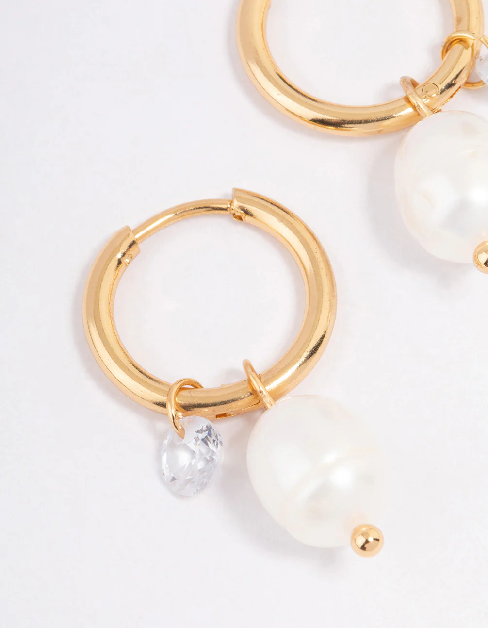 Waterproof Gold Plated Stainless Steel Classic Freshwater Pearl & Cubic Zirconia Huggie Earrings - Image 4