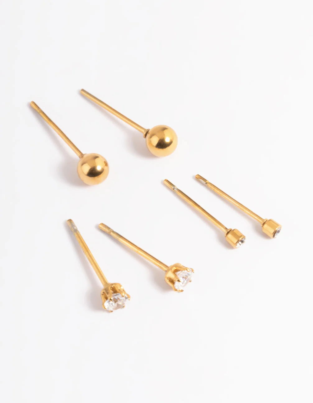 Waterproof Gold Plated Stainless Steel Cubic Zirconia Plain Stud Earrings Pack - Image 2