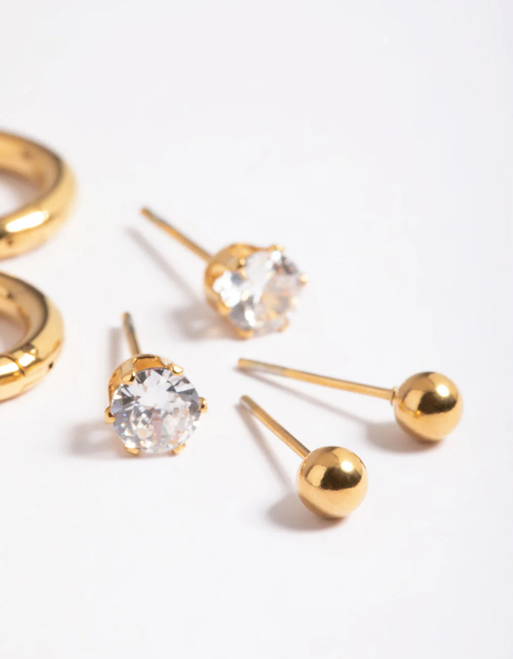 Waterproof Gold Plated Stainless Steel Cubic Zirconia Stud & Huggie Earring Pack - Image 4