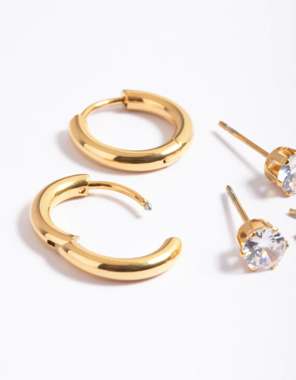 Waterproof Gold Plated Stainless Steel Cubic Zirconia Stud & Huggie Earring Pack - Image 5