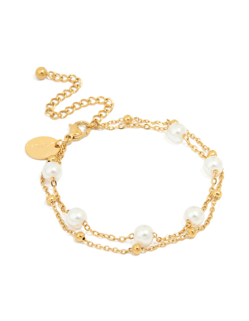 Waterproof Gold Plated Stainless Steel Double Layer Pearl Ball Bracelet - Image 2