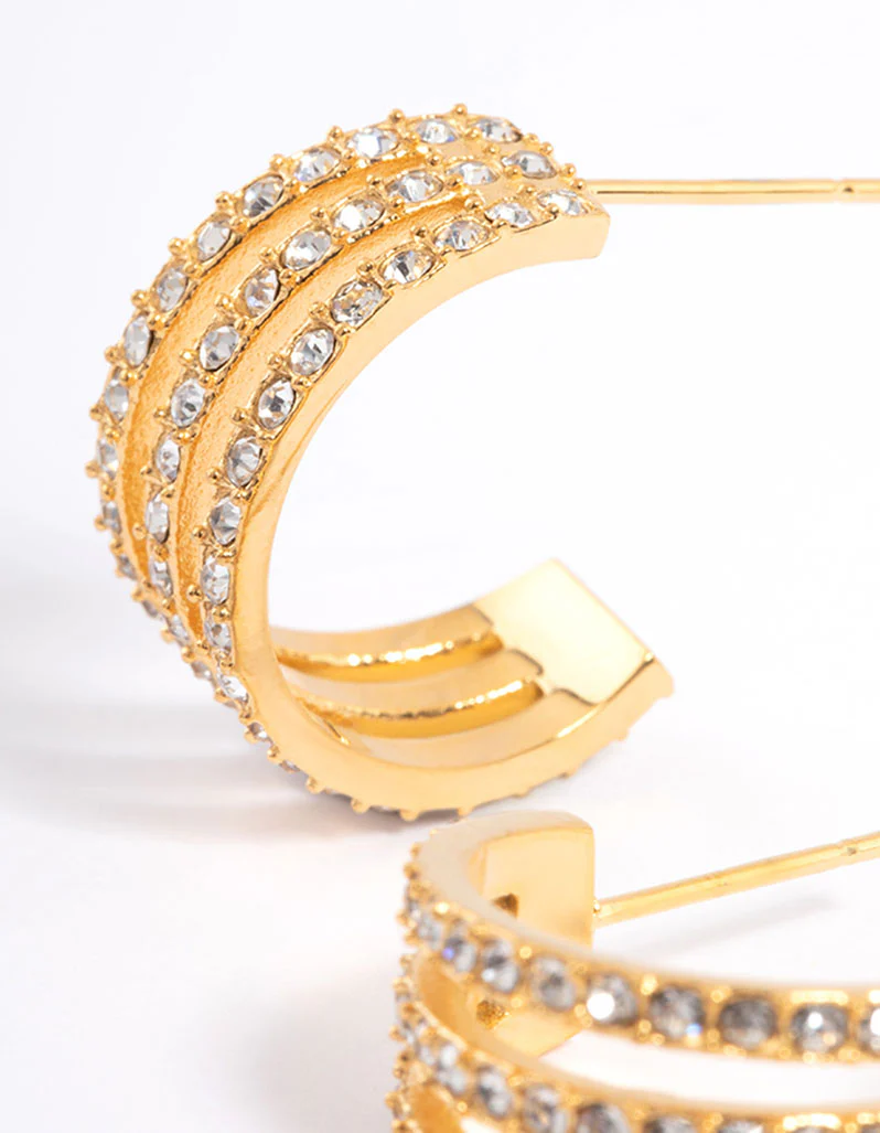 Waterproof Gold Plated Stainless Steel Diamante Three Hoop Earrings - Image 2