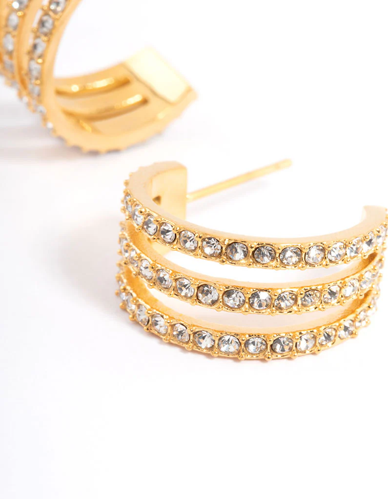 Waterproof Gold Plated Stainless Steel Diamante Three Hoop Earrings - Image 3
