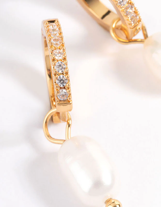 Waterproof Gold Plated Stainless Steel Diamante Freshwater Pearl Drop Huggie Earrings - Image 4