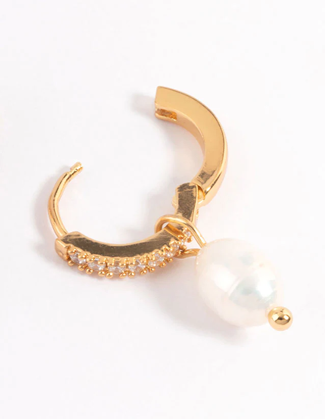 Waterproof Gold Plated Stainless Steel Diamante Freshwater Pearl Drop Huggie Earrings - Image 5