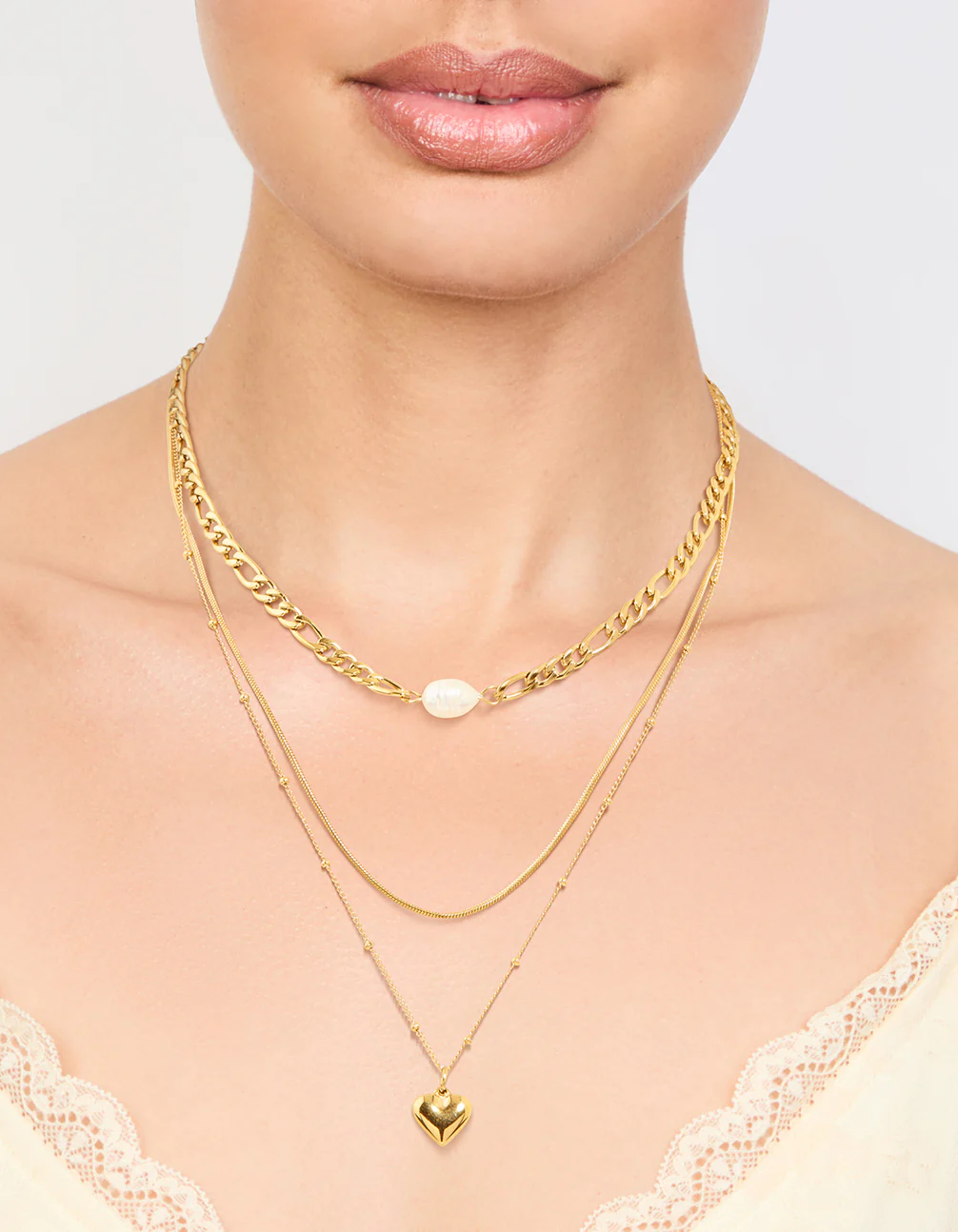 Waterproof Gold Plated Stainless Steel Heart & Freshwater Pearl Layered Necklace - Image 2