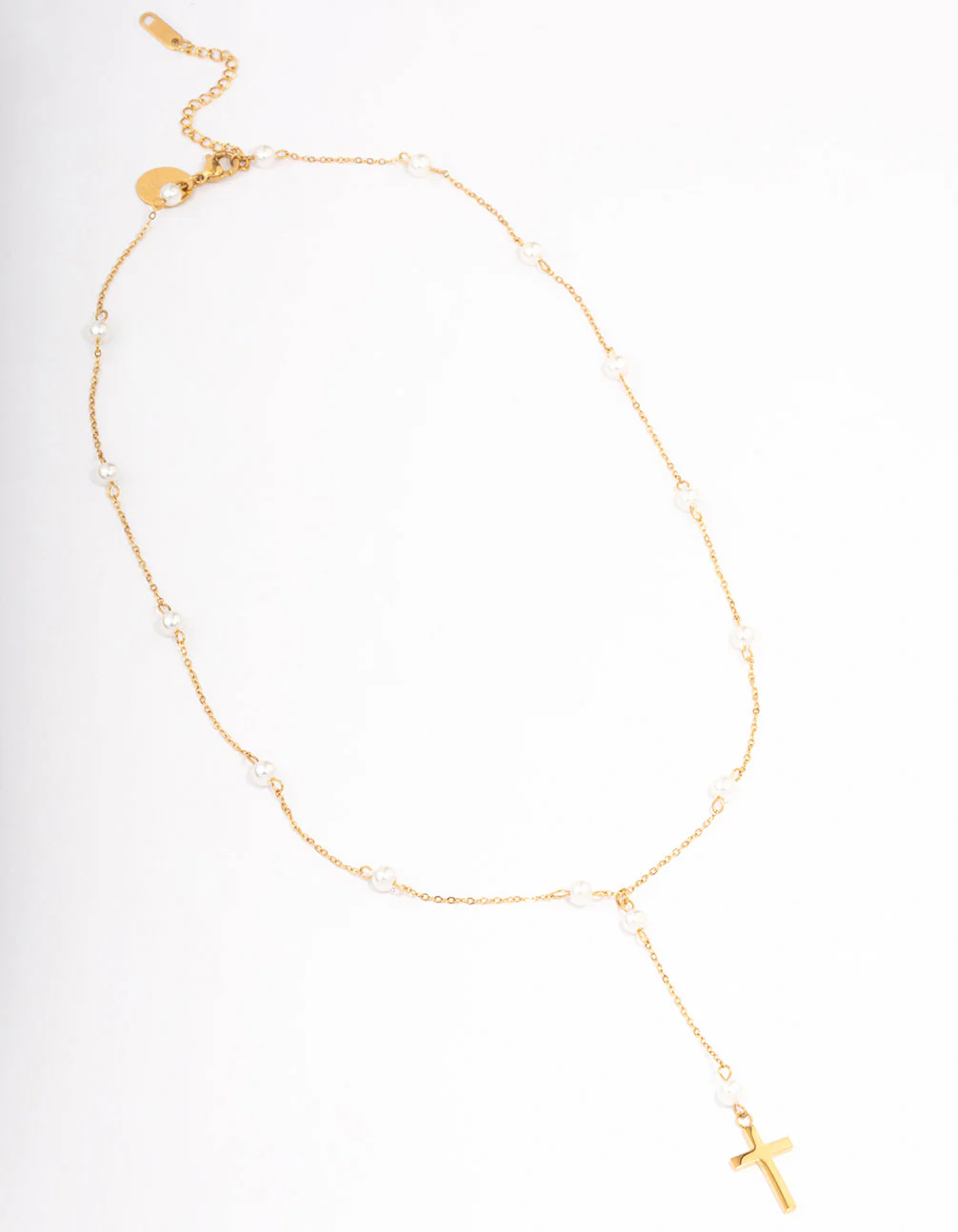 Waterproof Gold Plated Stainless Steel Pearl Station Cross Necklace - Image 2