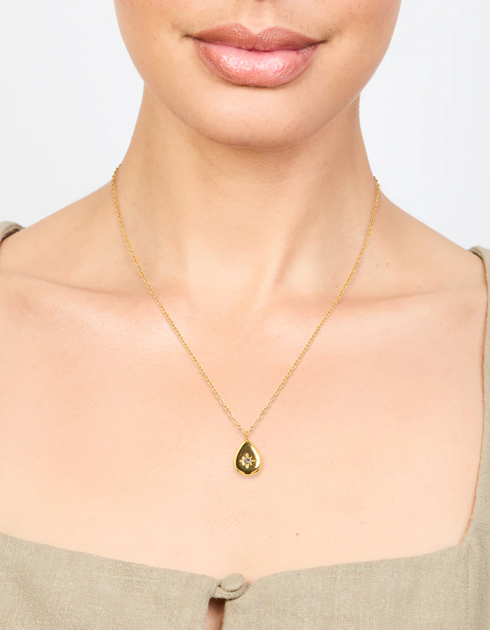 Waterproof Gold Plated Stainless Steel Teardrop Stone Pendant Necklace - Image 2