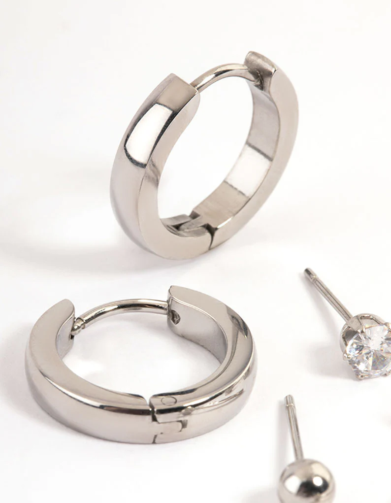 Waterproof Stainless Steel Cubic Zirconia Stud & Huggie Earrings Pack - Image 2