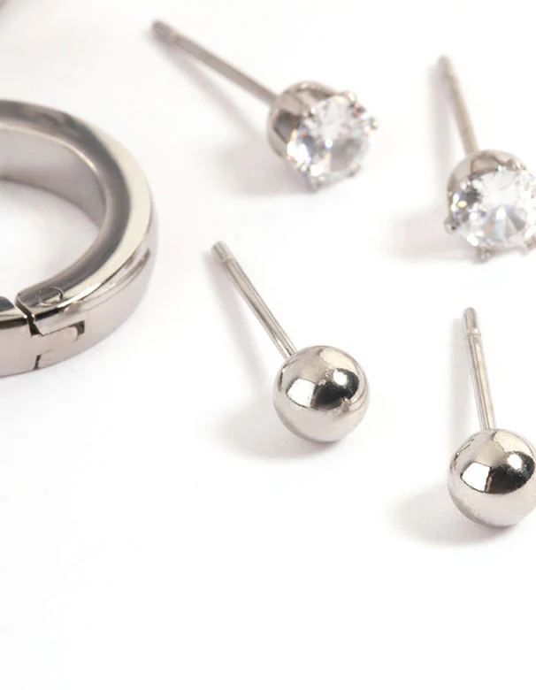 Waterproof Stainless Steel Cubic Zirconia Stud & Huggie Earrings Pack - Image 3