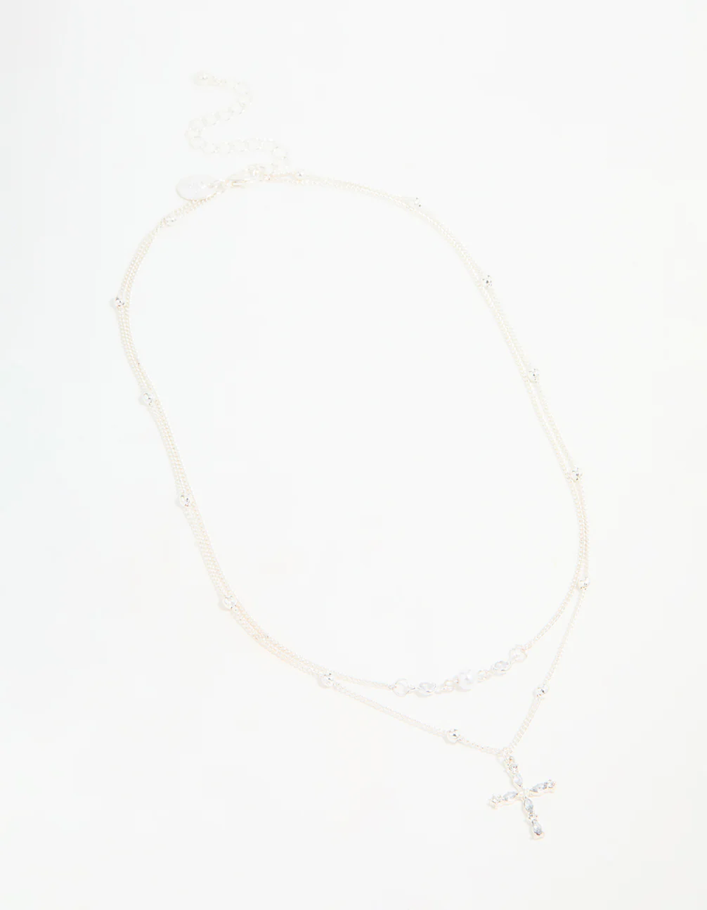 Silver Beaded Diamante Cross Layered Necklace - Image 2