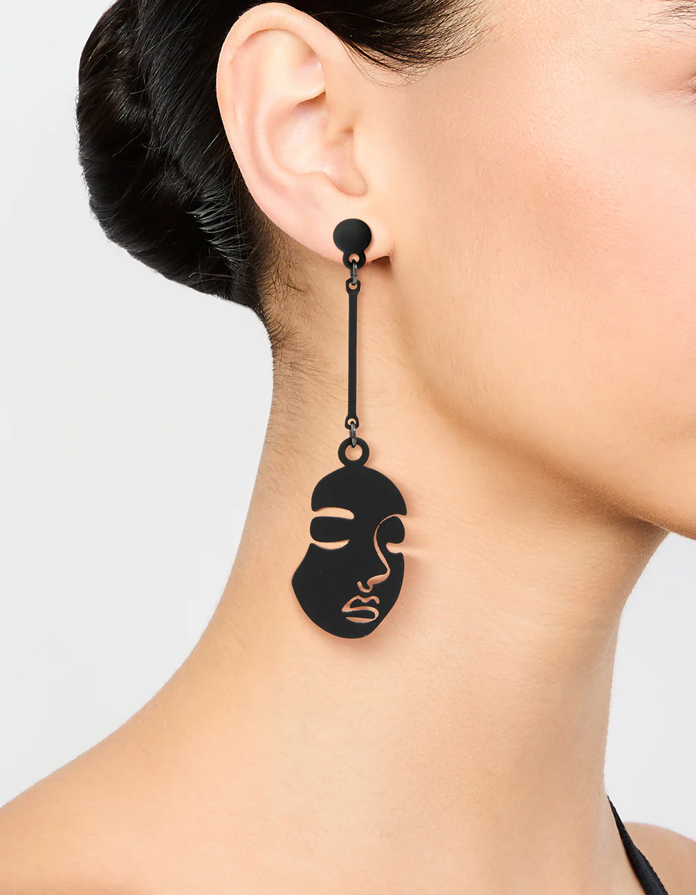 Silver Black Coated Metal Face Drop Earrings - Image 2