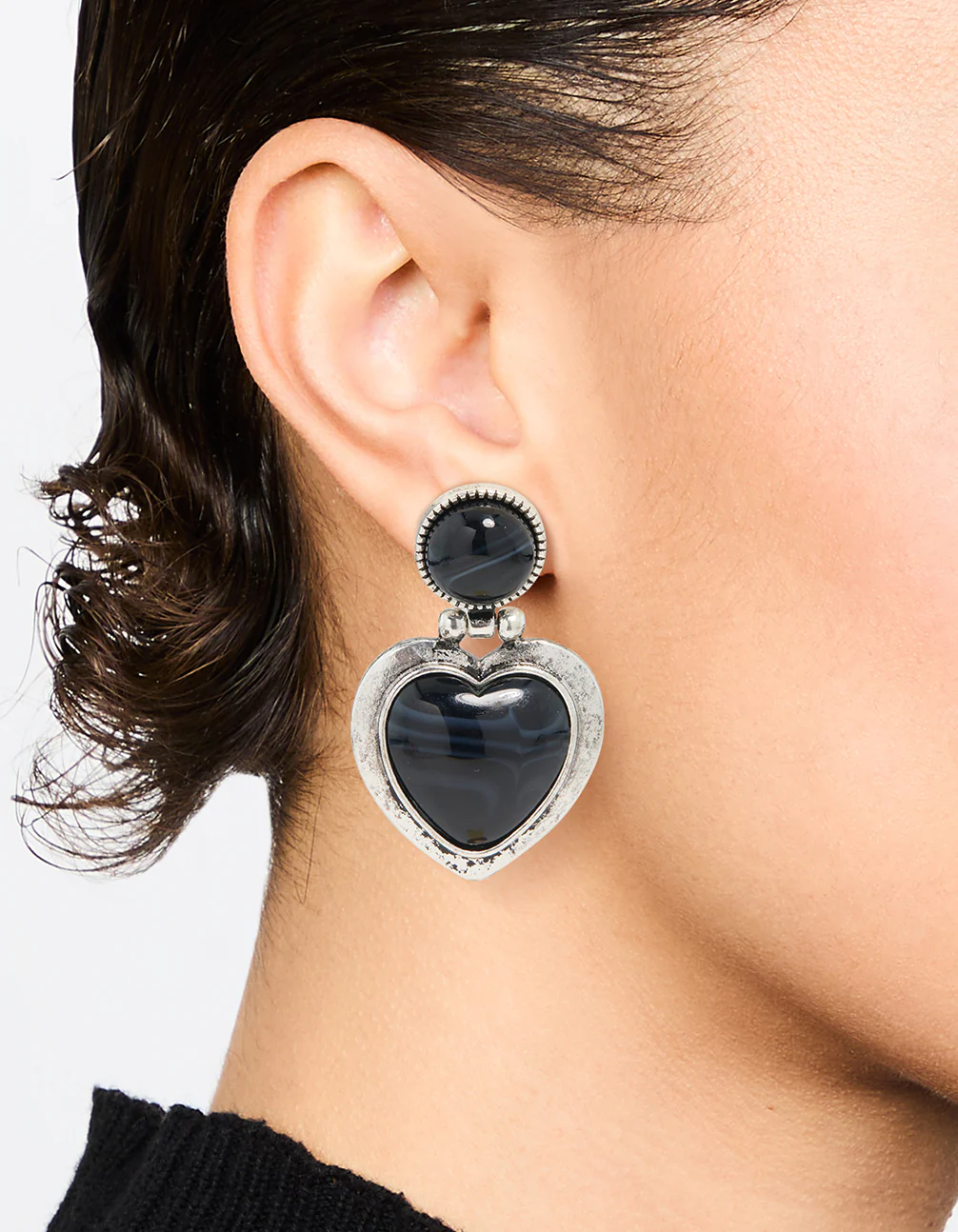 Silver Black Enamel Heart Drop Earrings - Image 2