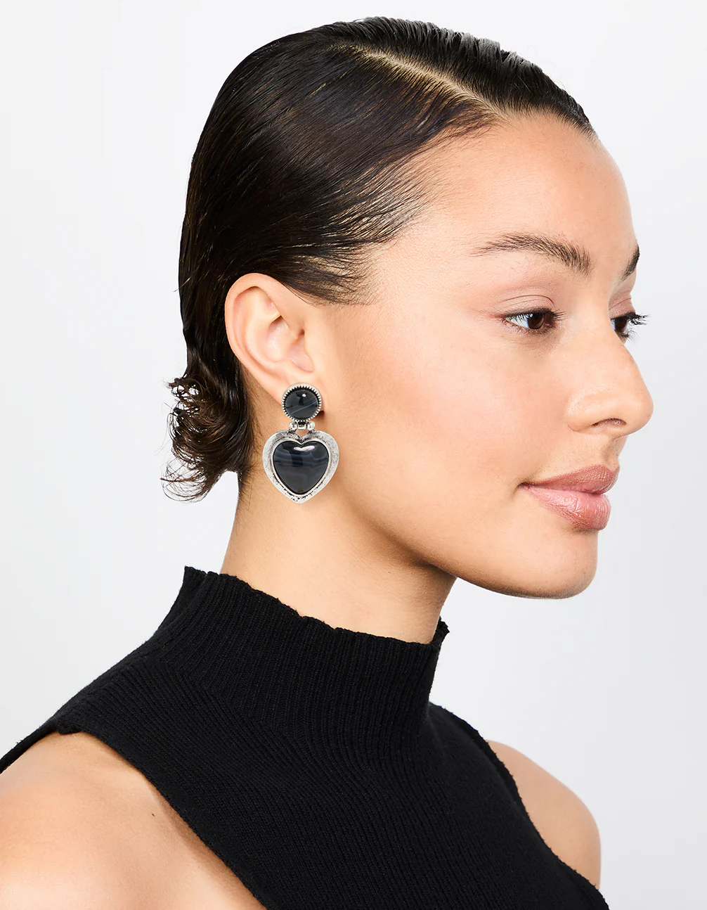 Silver Black Enamel Heart Drop Earrings - Image 3