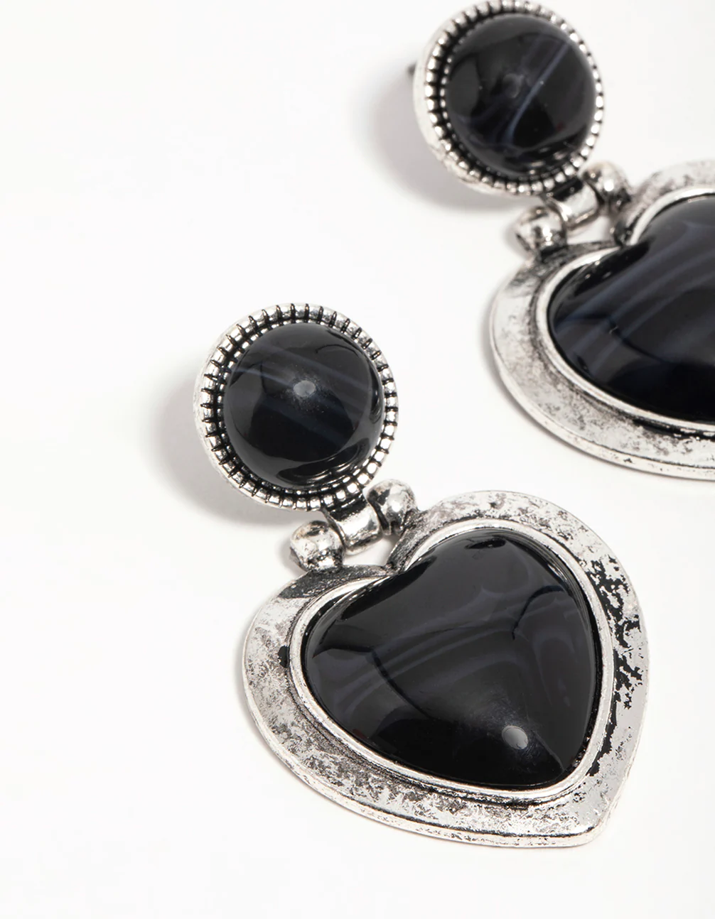 Silver Black Enamel Heart Drop Earrings - Image 4