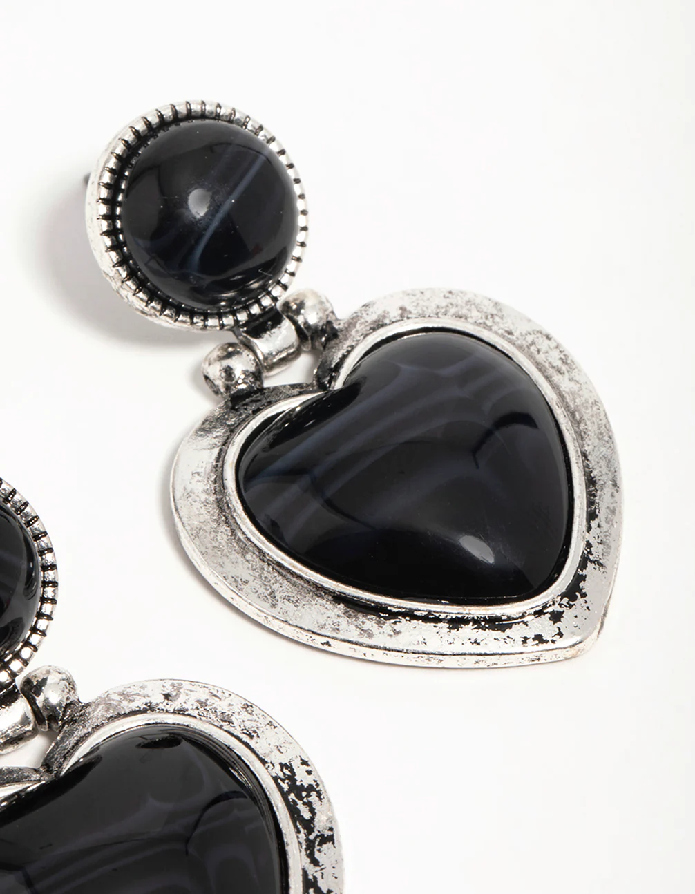 Silver Black Enamel Heart Drop Earrings - Image 5
