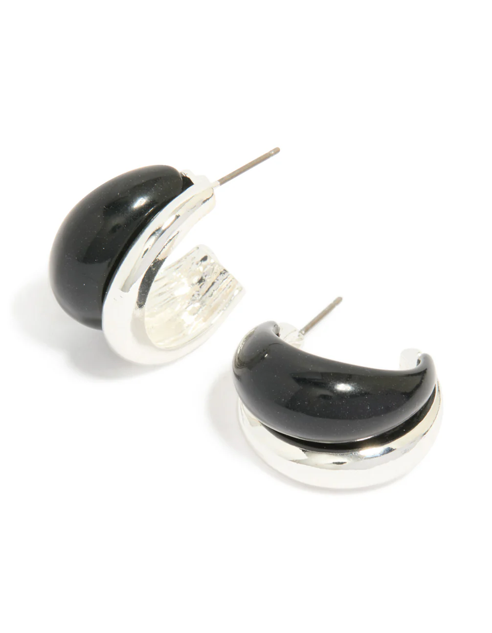 Silver Black Enamel Hoop Earrings - Image 2