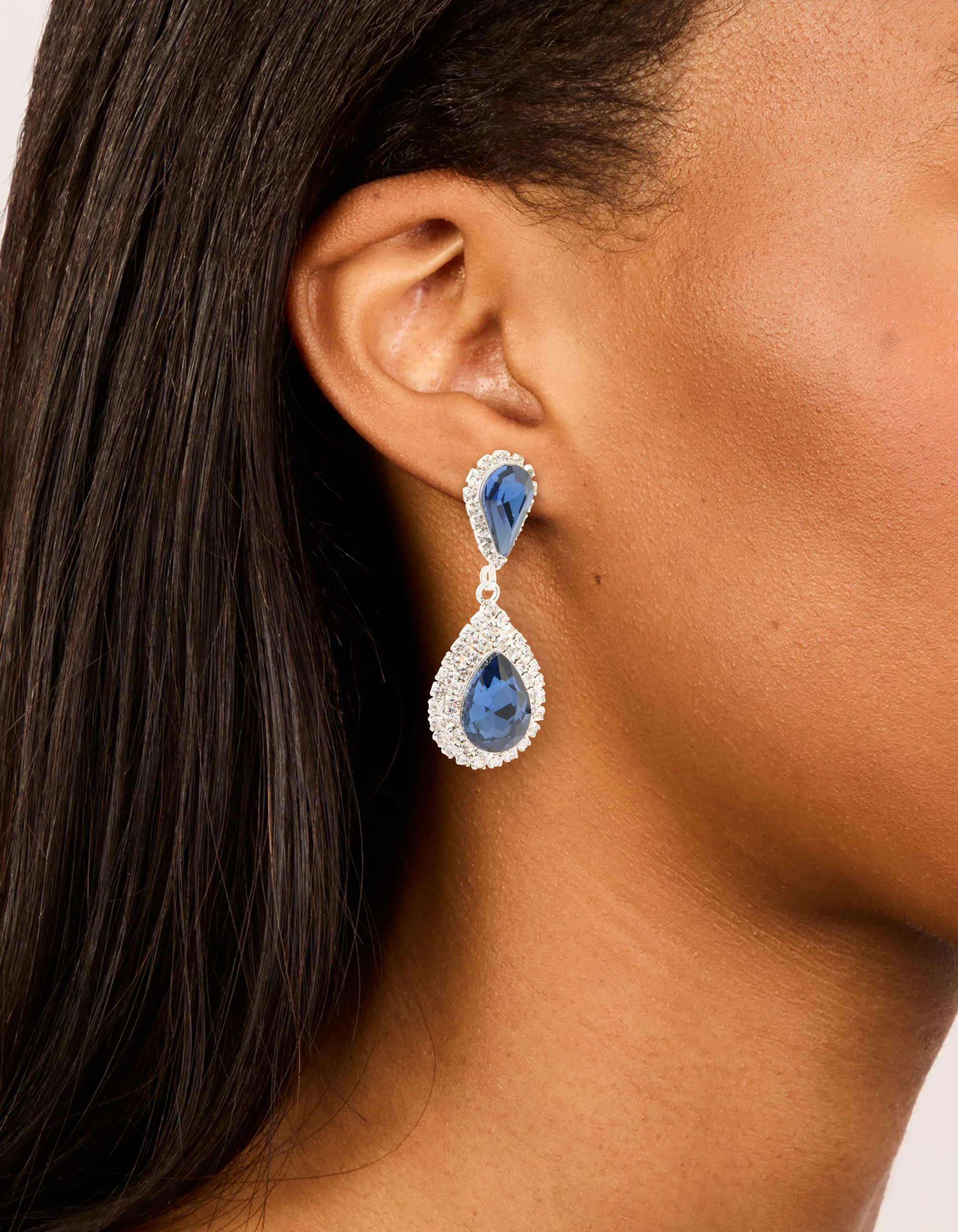 Silver Blue Diamante Double Pear Drop Earrings - Image 2