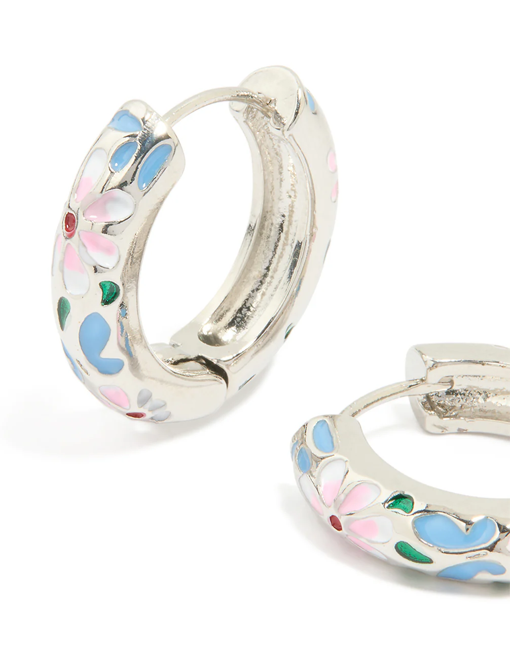 Silver Blue & Pink Enamel Flower Design Hoop Earrings - Image 2