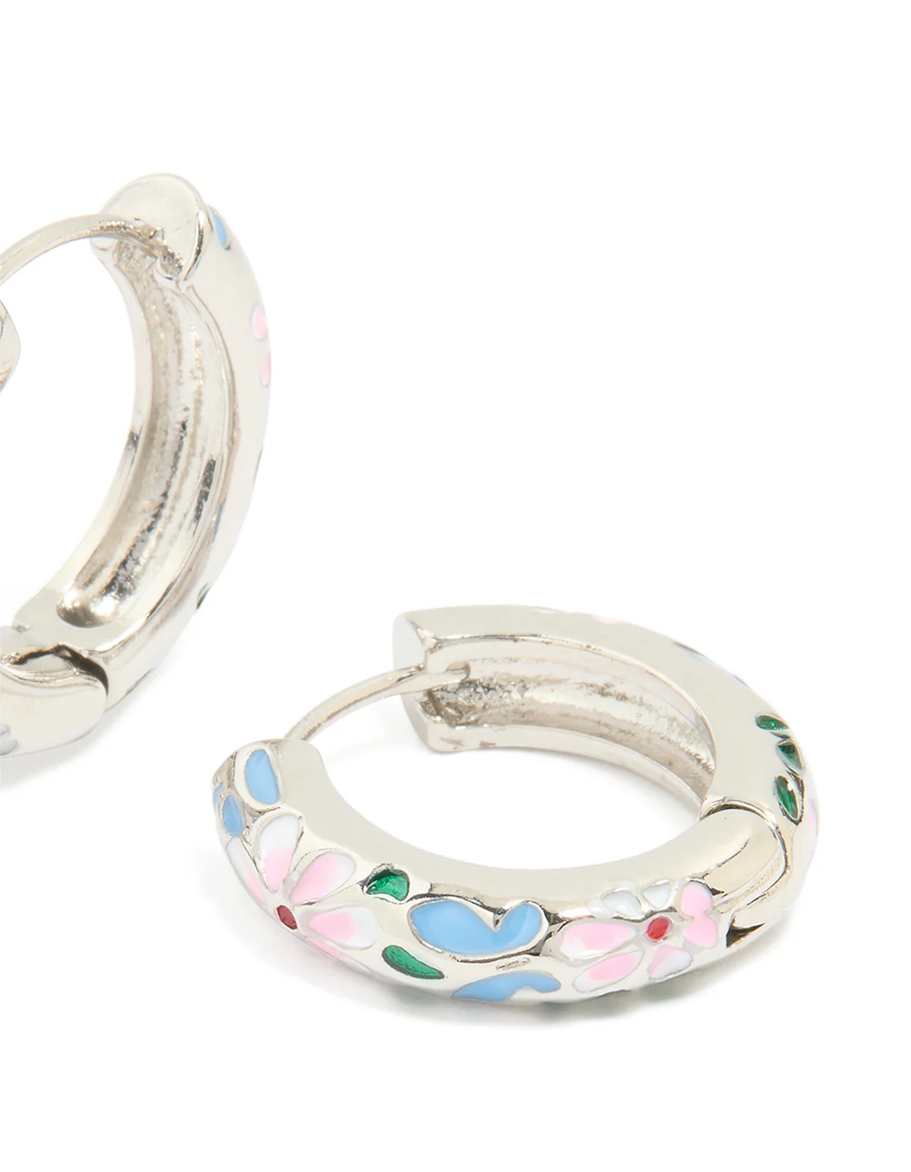 Silver Blue & Pink Enamel Flower Design Hoop Earrings - Image 3