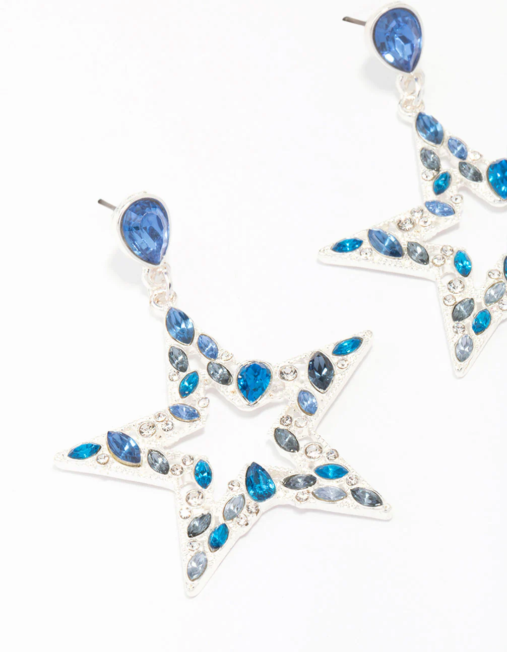 Silver & Blue Small Diamante Star Drop Earrings - Image 2