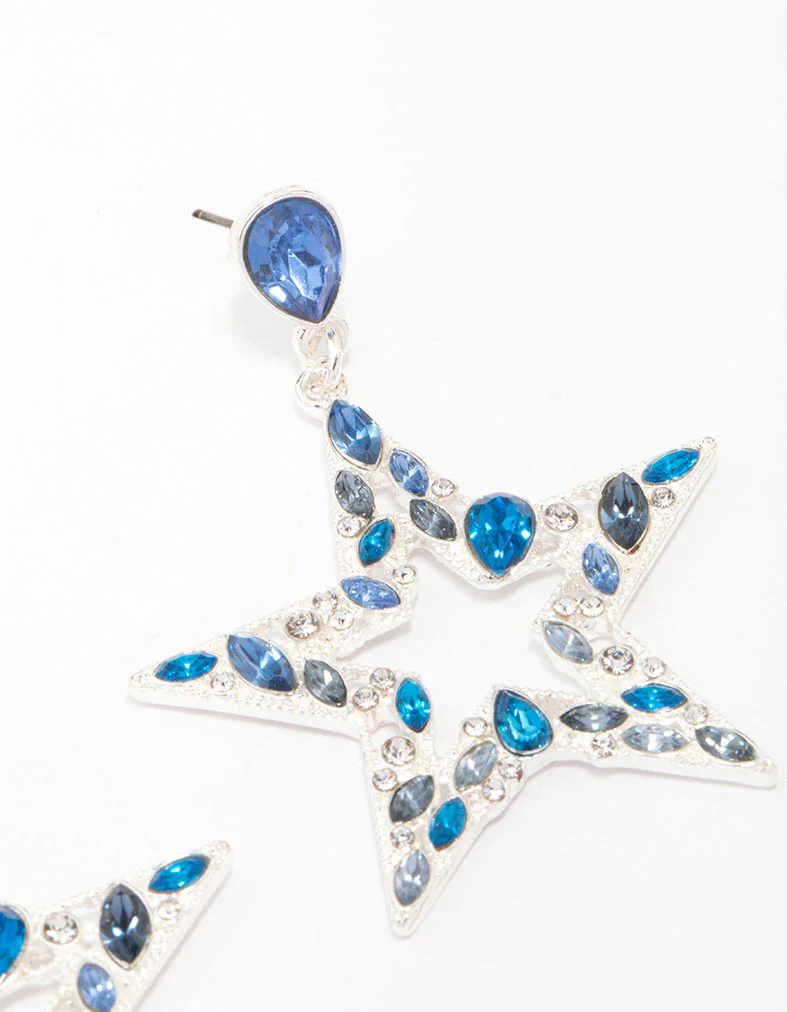 Silver & Blue Small Diamante Star Drop Earrings - Image 3