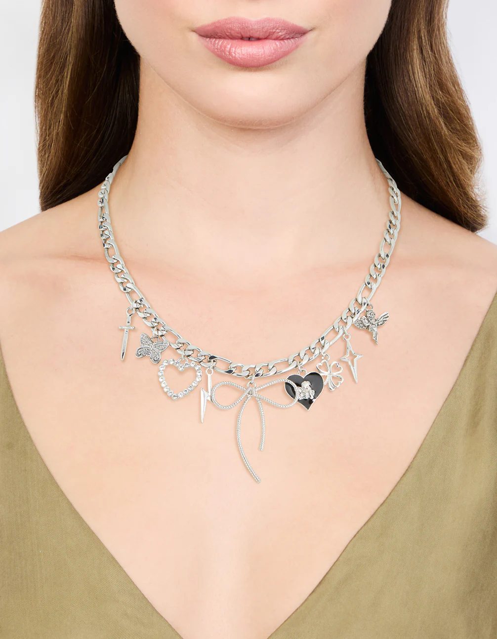 Silver Bow & Heart Charm Necklace - Image 2