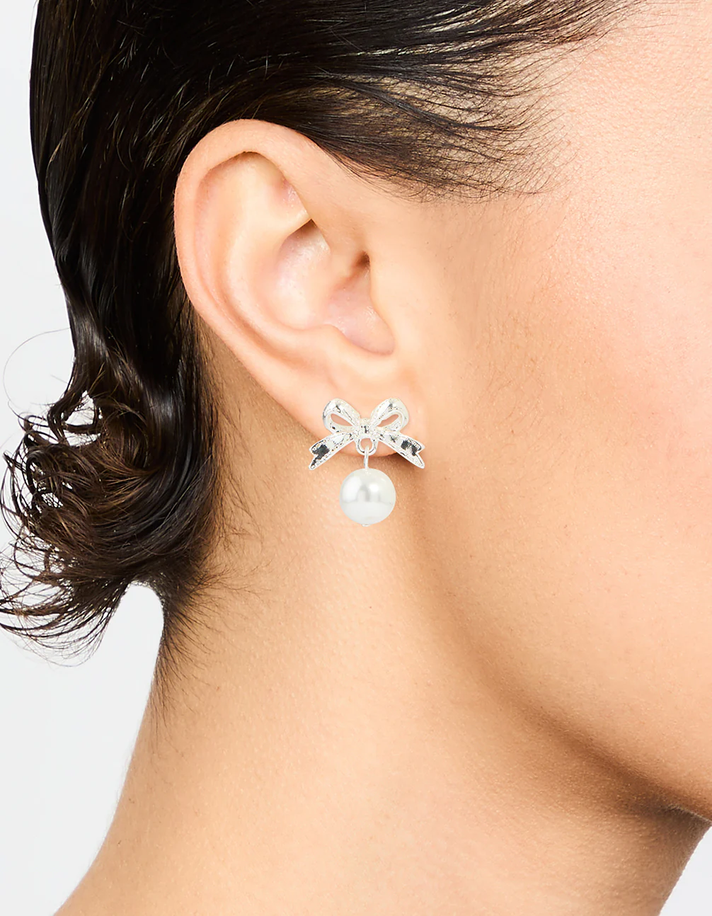 Silver Bow & Pearl Small Drop Earrings - Image 2