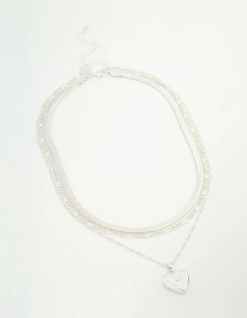 Silver Chain & Figaro Heart Locket Layered Necklace - Image 2