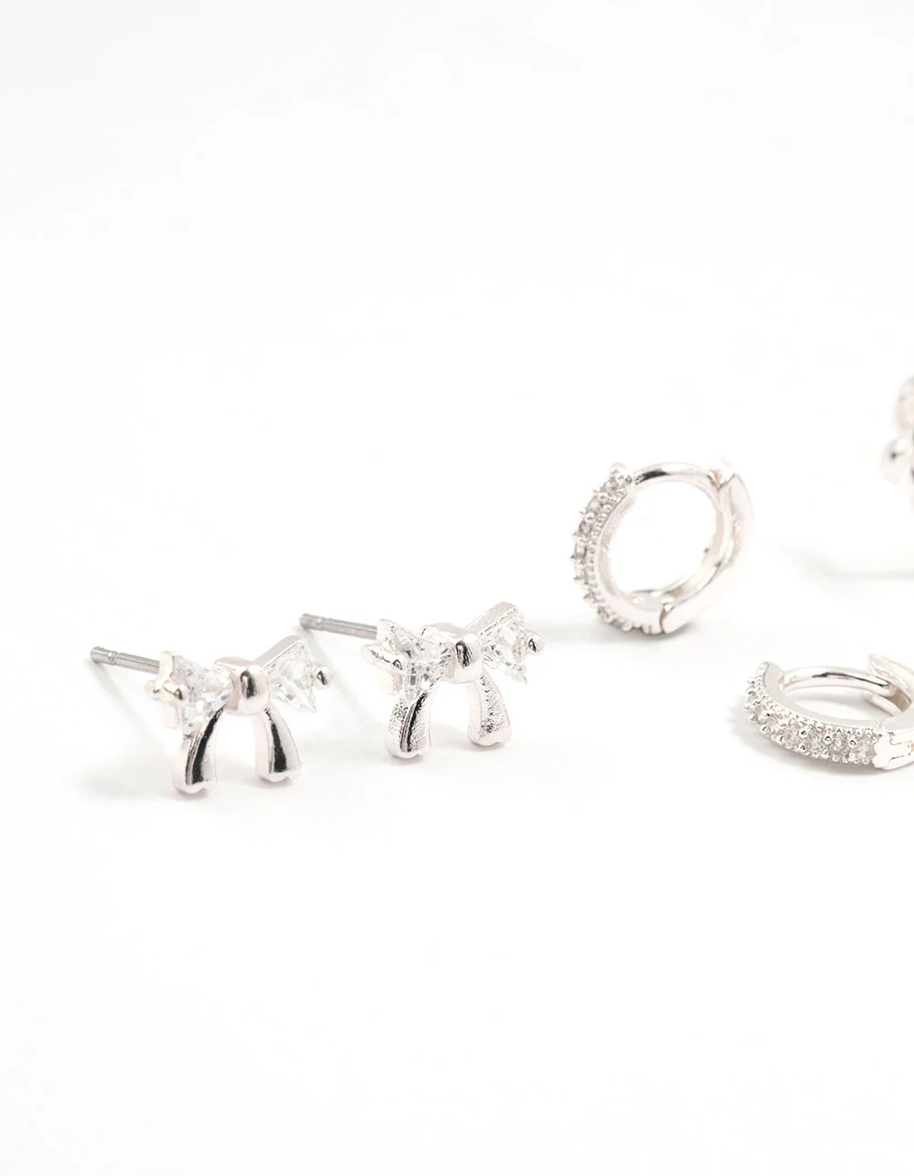 Silver Cubic Zirconia Bow Stud & Hoop Earrings 3-Pack - Image 4