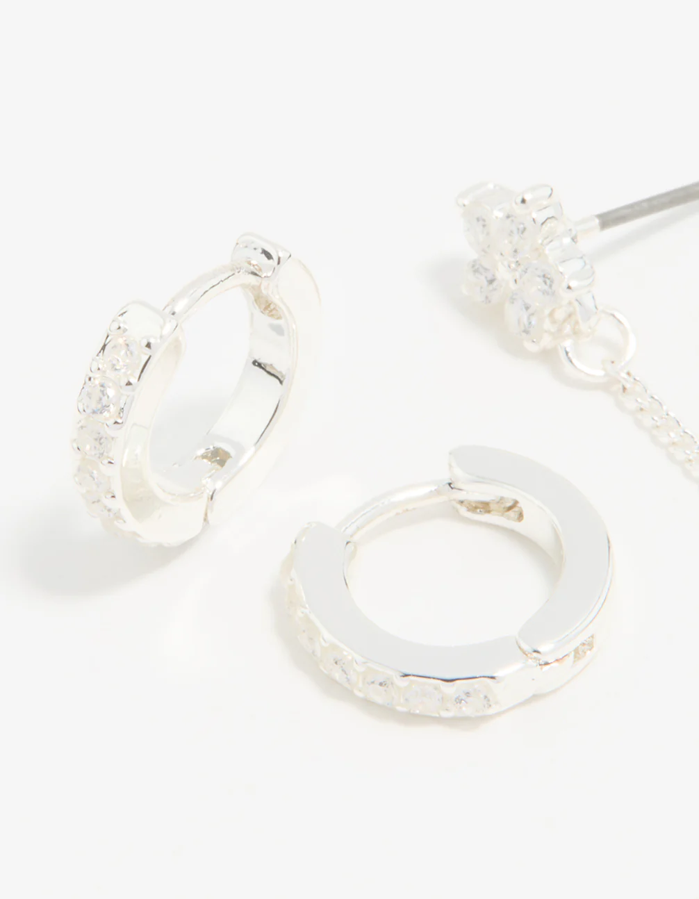 Silver Cubic Zirconia Chain Flower Chain & Huggie Earrings 3-Pack - Image 2