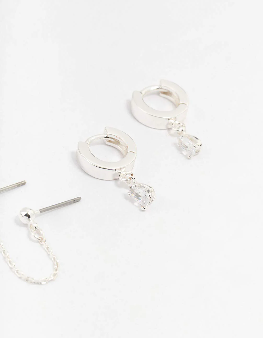 Silver Cubic Zirconia Chain Stud & Hoop Earrings 3-Pack - Image 3